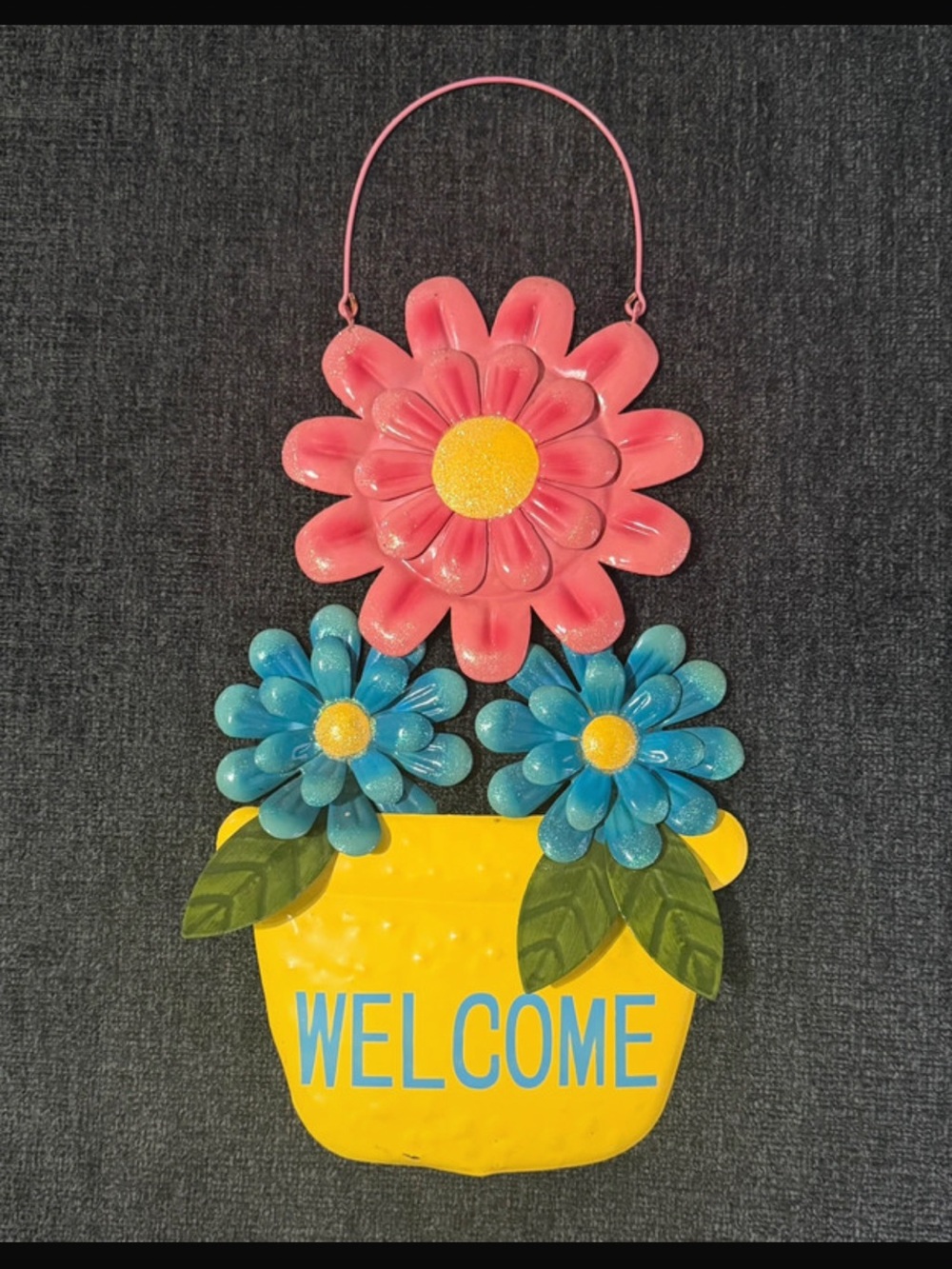 Welcome Flower Pot Wall Hanging - Pink & Blue Floral Home Door Sign